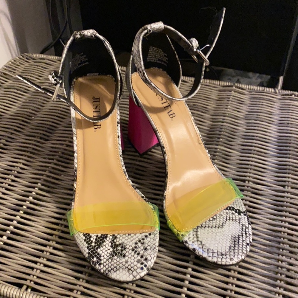 JustFab Snakeskin Heels with Yellow and Pink Accents